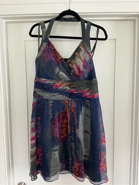 NWT Andrew Marc Silk Blue Multi-Color Halter V-Neck Dress Size 12